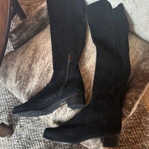 Stuart Weitzman Elegant Black Suede Knee-High Low Heel Women's Boots
